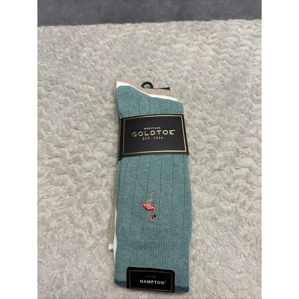 Goldtoe Heritage Hampton Socks Mens 6-12.5 Multicolor Crew Dress 3 Pair Flamingo